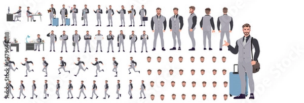 Fototapeta Man Character design. Front, side, back view and explainer animation poses. Character set with lip sync and facial expressions of Happy, angry, sad, Joy with Side walk cycle animation sequence sprite 