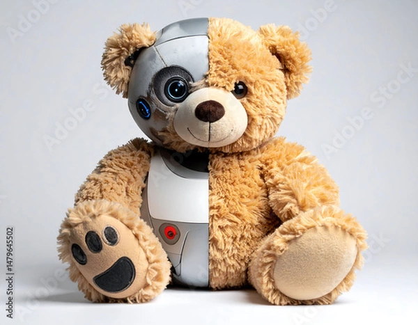 Fototapeta A whimsical image featuring a teddy bear, half plush and half robot, symbolizing the fusion of technology and childhood innocence. Evokes feelings of nostalgia, innovation,  science fiction.