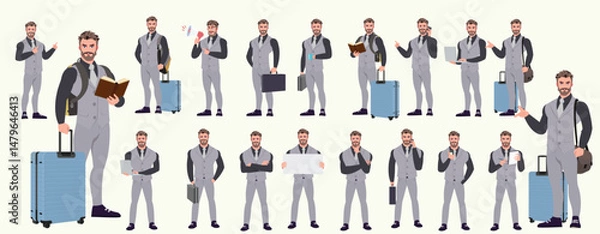 Fototapeta Man Character design. Front, side, back view and explainer animation poses. Character set with lip sync and facial expressions of Happy, angry, sad, Joy with Side walk cycle animation sequence sprite 