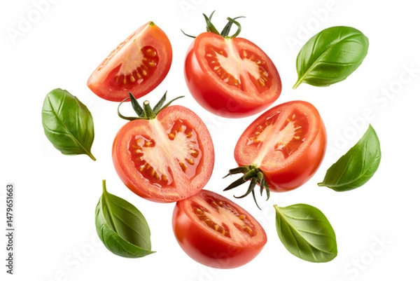 Obraz Fresh Red Tomatoes and Basil Leaves Falling on White Background