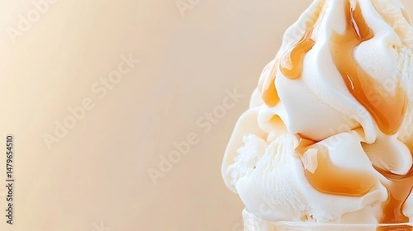 Fototapeta Vanilla Ice Cream Swirl with Caramel Drizzle: A close-up captures a delectable swirl of vanilla ice cream gracefully adorned with a rich caramel drizzle, embodying the essence of pure indulgence.