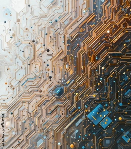 Fototapeta Abstract Circuit Board: A Digital Tapestry of Gold, Blue, and Gray