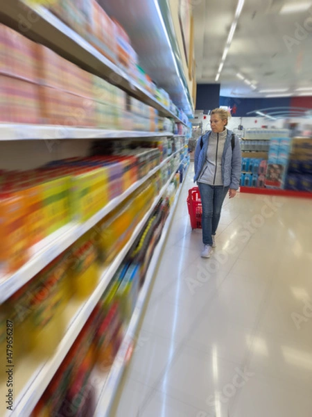 Obraz woman with cart walking shopping in supermarket along shelves, blur effect