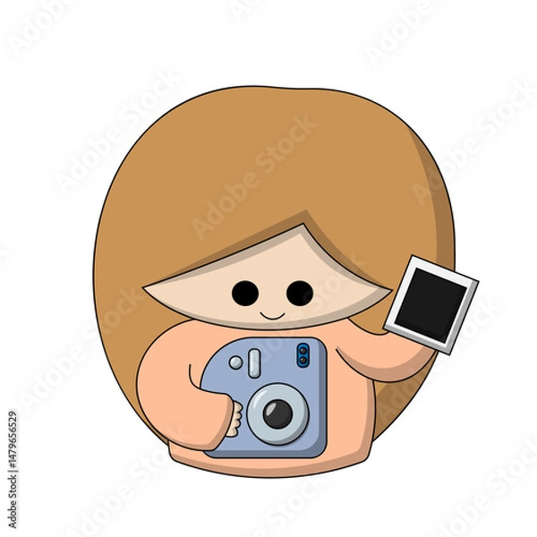 Fototapeta Cute doll girl with instant camera in color