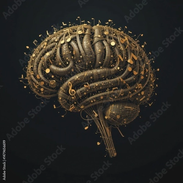 Fototapeta The Symphony of Mind: A Golden Brain Sculpted with Musical Notes