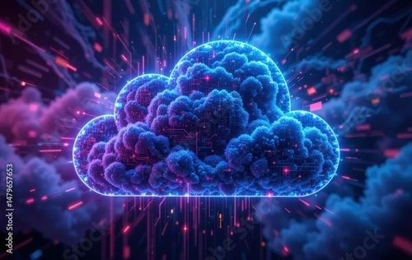 Fototapeta Digital Cloud Computing: Abstract Neon Cloud Data Network