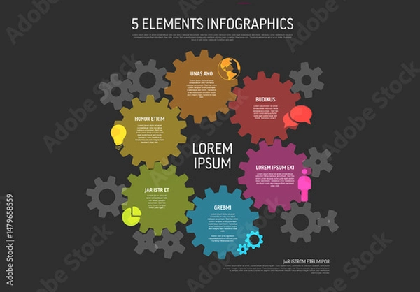 Fototapeta Infographic Design with Five Elements Represented by Colored Gears