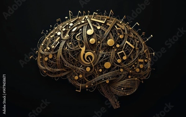 Fototapeta Golden Brain Symphony: A 3D Abstract Representation of Musical Cognition