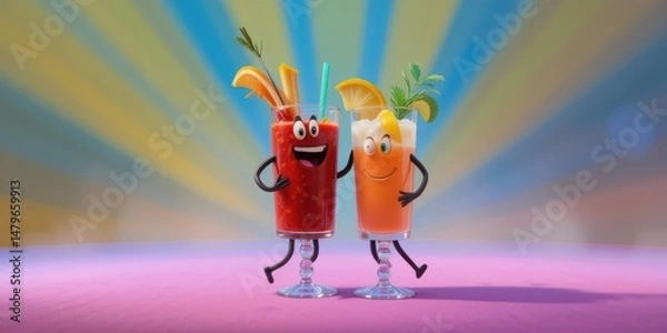 Fototapeta Two Cheerful Cocktail Characters on a Pink Table