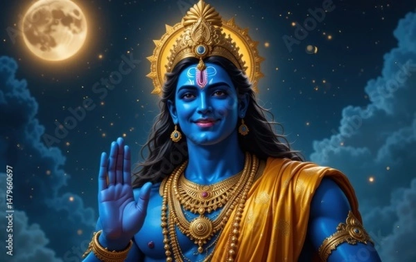Fototapeta Lord Krishna, a Digital Painting Depicting the Hindu Deity in a Night Sky