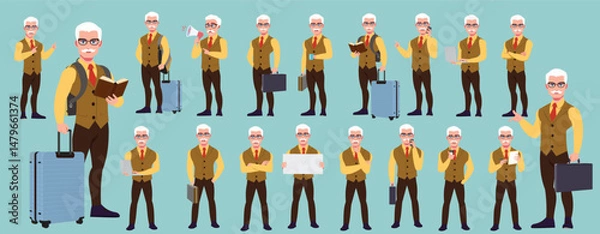 Fototapeta Man Character design. Front, side, back view and explainer animation poses. Character set with lip sync and facial expressions of Happy, angry, sad, Joy with Side walk cycle animation sequence sprite 