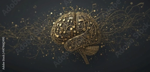 Fototapeta The Symphony of Thought: A Golden Brain Embracing Music's Melody