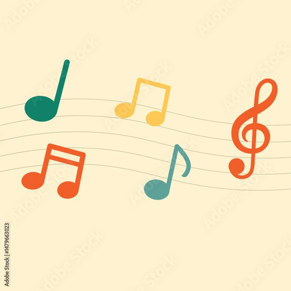 Fototapeta Colorful music notes on isolated background. Vector illustration cartoon flat style.