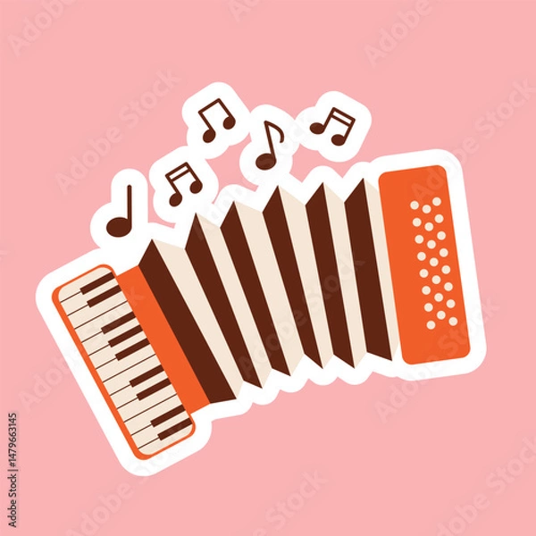 Fototapeta Accordion sticker with music notes on isolated  background.Vector illustration