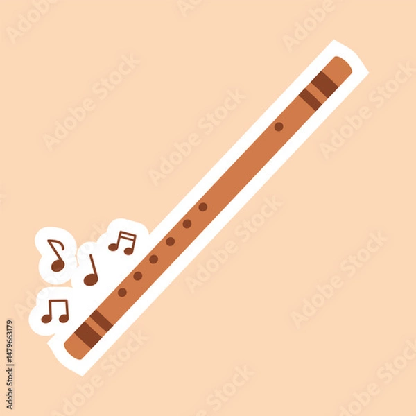 Fototapeta Flute sticker with music notes on isolated  background.Vector illustration