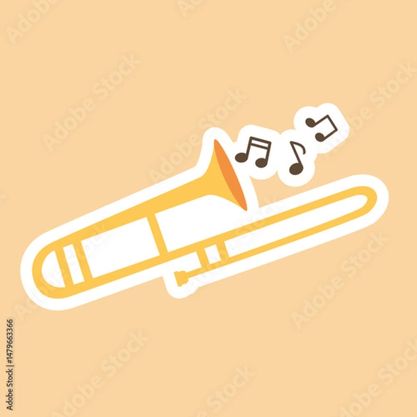 Fototapeta Trombone sticker with music notes on isolated  background.Vector illustration