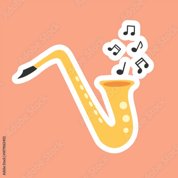 Fototapeta Saxophone sticker with music notes on isolated  background.Vector illustration