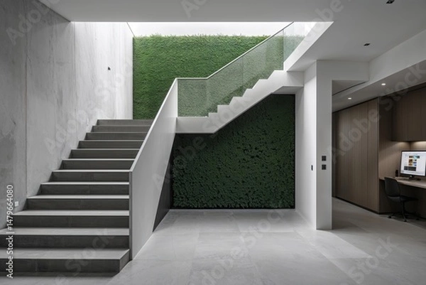 Fototapeta Minimalist Staircase Design Featuring Empty Green Wall in Private Workspace