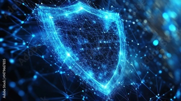 Fototapeta Abstract glowing shield formed by interconnected nodes and lines, digital security concept