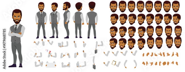 Fototapeta Man Character design. Front, side, back view and explainer animation poses. Character set with lip sync and facial expressions of Happy, angry, sad, Joy with Side walk cycle animation sequence sprite 