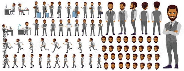 Fototapeta Man Character design. Front, side, back view and explainer animation poses. Character set with lip sync and facial expressions of Happy, angry, sad, Joy with Side walk cycle animation sequence sprite 