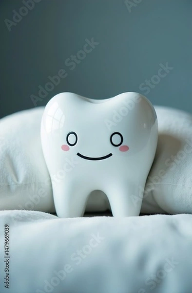 Obraz the tooth figurine. The tooth is lying on the pillow. A sleeping tooth in a dental clinic.
