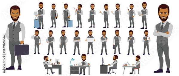 Fototapeta Man Character design. Front, side, back view and explainer animation poses. Character set with lip sync and facial expressions of Happy, angry, sad, Joy with Side walk cycle animation sequence sprite 