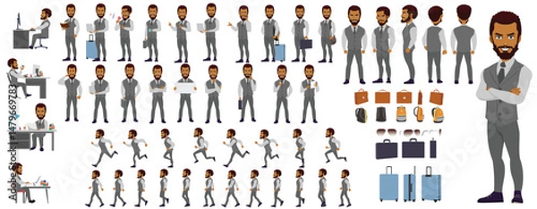 Fototapeta Man Character design. Front, side, back view and explainer animation poses. Character set with lip sync and facial expressions of Happy, angry, sad, Joy with Side walk cycle animation sequence sprite 