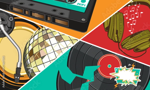 Fototapeta Multicolored pattern with chaotically arranged vinyl record, sound pickup, audio cassette, studio headphones and other elements of 80s music culture. Vector illustration