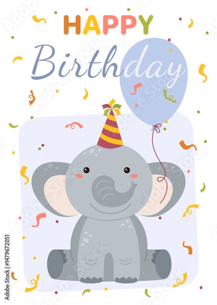 Fototapeta Greeting card with image of cute elephant in party hat. Vector illustration for greeting card, poster, holiday decoration.