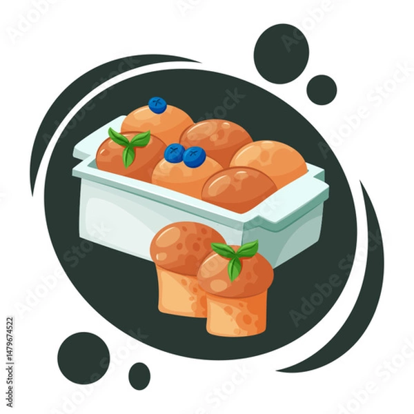 Fototapeta Vector bread rolls in baking tray with berries and mint. Homemade pastry. Cozy food concept.