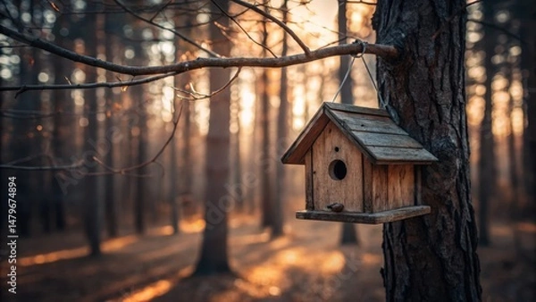 Obraz A rustic birdhouse is securely attached to a tree branch in a calm forest. Soft golden sunlight filters through the trees, creating a peaceful atmosphere