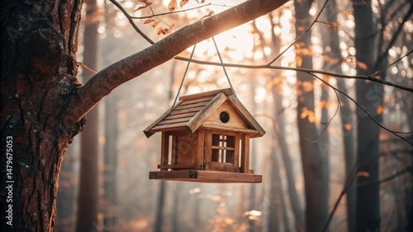 Fototapeta A beautifully crafted wooden birdhouse dangles from a tree branch in a tranquil forest. Soft sunlight filters through the trees, illuminating the vibrant autumn leaves surrounding the scene
