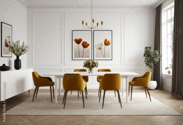 Fototapeta There is a dining room with tables and chairs and a bottle of flowers