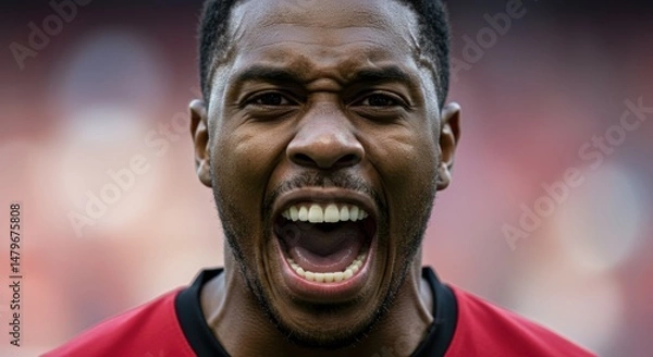 Fototapeta Player Celebrating with Joyful Expression on Sports Field for Sports Blogs, Team Motivation Websites, Social Media Engagement, and Athletic Inspiration