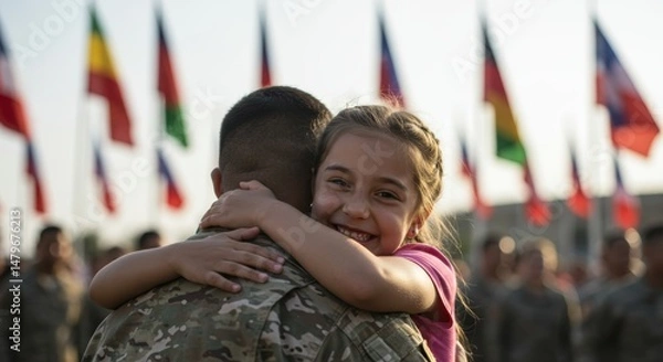 Fototapeta Young Girl Hugging Soldier in Celebration with Flags for Family Bonding, Military Homecomings, Emotional Support, and Social Media Outreach
