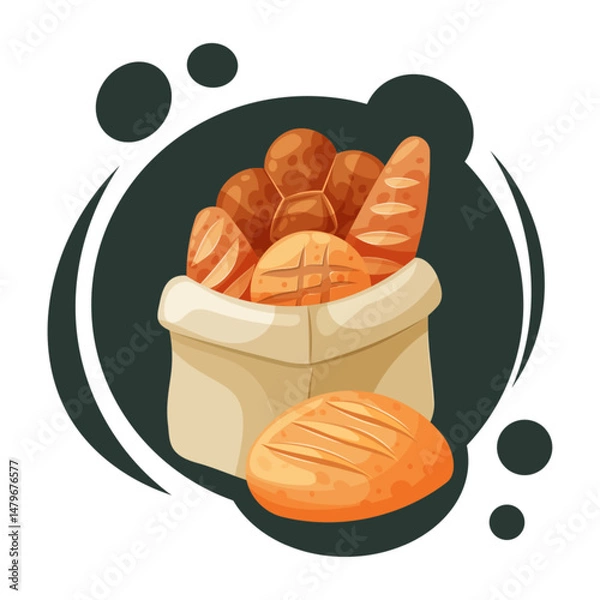 Obraz Vector illustration of assorted bakery bread in a paper bag. Fresh baked goods. Rustic food concept.