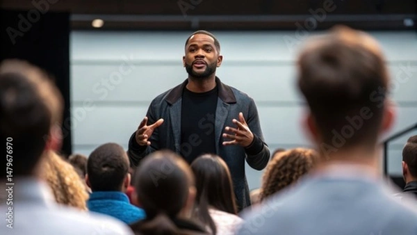 Obraz A charismatic speaker captivates a diverse audience during a training session in a contemporary conference space. Attendees listen attentively, eager to absorb insights