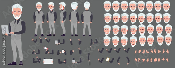 Fototapeta Man Character design. Front, side, back view and explainer animation poses. Character set with lip sync and facial expressions of Happy, angry, sad, Joy with Side walk cycle animation sequence sprite 