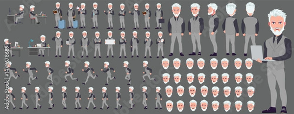Fototapeta Man Character design. Front, side, back view and explainer animation poses. Character set with lip sync and facial expressions of Happy, angry, sad, Joy with Side walk cycle animation sequence sprite 