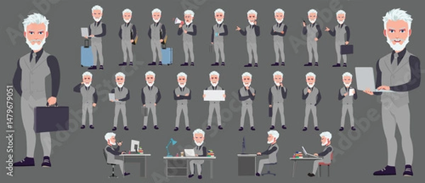 Fototapeta Man Character design. Front, side, back view and explainer animation poses. Character set with lip sync and facial expressions of Happy, angry, sad, Joy with Side walk cycle animation sequence sprite 