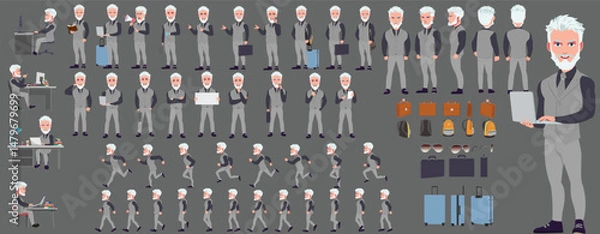 Fototapeta Man Character design. Front, side, back view and explainer animation poses. Character set with lip sync and facial expressions of Happy, angry, sad, Joy with Side walk cycle animation sequence sprite 