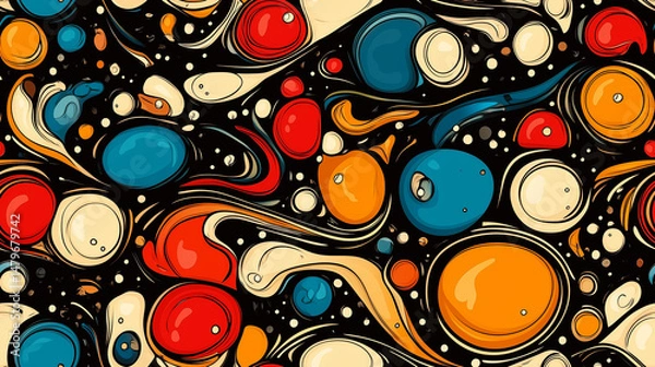 Obraz Abstract retro seamless pattern with circles and swirls in vibrant colors on black background