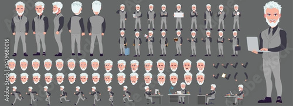 Fototapeta Man Character design. Front, side, back view and explainer animation poses. Character set with lip sync and facial expressions of Happy, angry, sad, Joy with Side walk cycle animation sequence sprite 