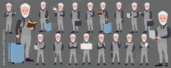 Fototapeta Man Character design. Front, side, back view and explainer animation poses. Character set with lip sync and facial expressions of Happy, angry, sad, Joy with Side walk cycle animation sequence sprite 