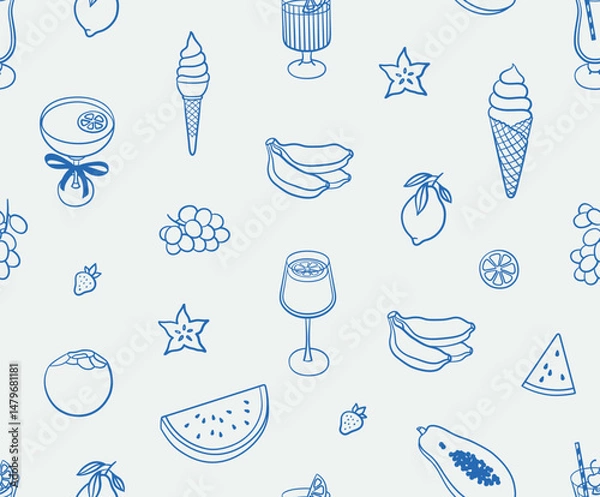 Fototapeta Seamless pattern of summer food illustrations. Line art, ink, minimalist style. Vector illustration. Summer collection.