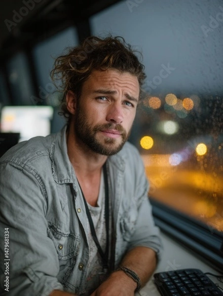 Fototapeta Young man with a beard and curly hair looking worried while sitting near a rainy window at night