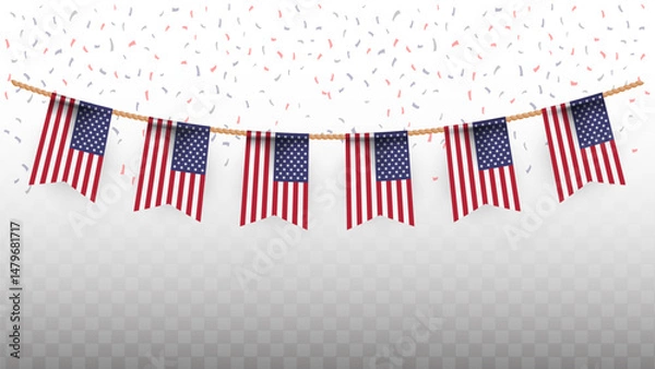 Fototapeta Vector illustration of the country flag of United States of America with confetti on transparent background. hanging flag for Independence Day celebration