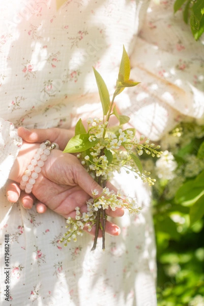 Fototapeta Branch of a blossoming flowers in a woman's hands. Spring blossom