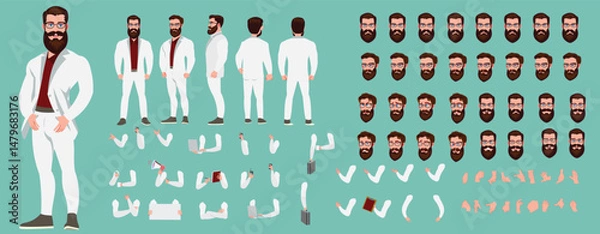 Fototapeta Man Character design. Front, side, back view and explainer animation poses. Character set with lip sync and facial expressions of Happy, angry, sad, Joy with Side walk cycle animation sequence sprite 